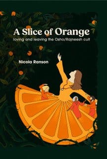 A Slice of Orange Young woman with flowing hair and prayer beads is dressed in orange, with a skirt made of segments of an orange. The people dance joyfully in her skirt. She reaches up, as if to pick an orange from a tree. Thorns from the roots of the tree attack the bottom of her skirt. The background is very dark so the atmosphere is both joyful and sinister.