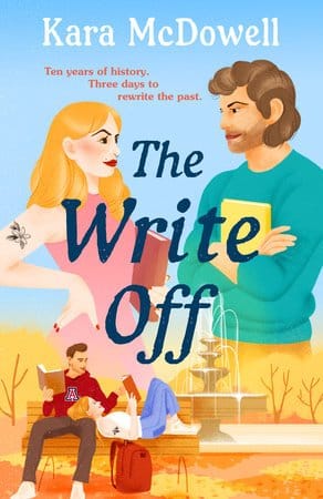 An illustration of a man and a woman, each holding a book, facing each other. Below them, a flashback scene shows a younger version of the couple on a bench. He is reading, while she lies down with her head on his lap, also reading.
