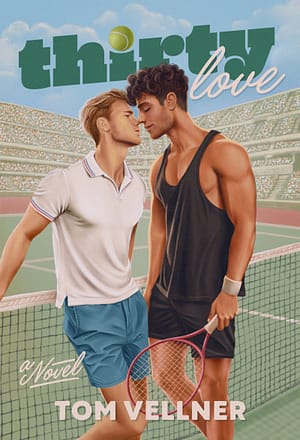 Thirty Love A white male tennis player in a white polo shirt and blue shorts leans in for a kiss with a Latino tennis player in a black tank top and black shorts. They are standing in front of the net on a pale green tennis court with fans in the stands behind them and a blue sky with clouds above.