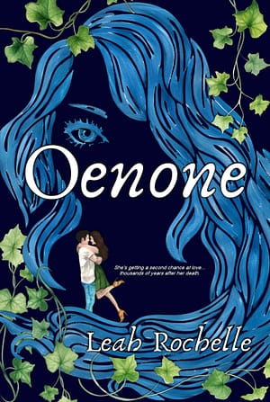 A dark blue book cover with green ivy framing. A woman’s eye, painted blue, dominates the space along with her hair made up of blue waves. Framed within the waves of her hair is a heteronormative couple in an embrace, the man lifting the woman joyfully. Beside them is the tagline “she’s getting a second chance at love… thousands of years after her death.”