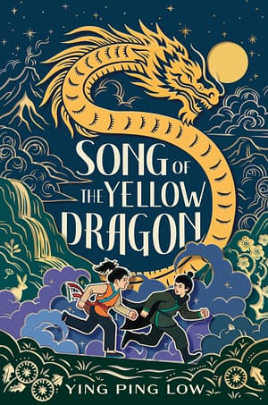 Song of the Yellow Dragon A boy and a girl run in a cloud of purple mist, with a yellow dragon looming overhead, against a setting of misty mountains, rivers, dandelions, and a full moon.