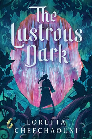 The Lustrous Dark The cover of the Lustrous Dark: The silhouette of a girl facing the entrance to a cave of luminous crystal pillars that swirl with pink, blue, and purple. She is surrounded by a dark, foreboding forest.
