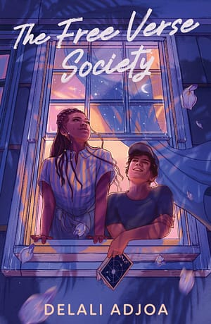 The Free Verse Society A girl and boy lean outside a window at a night sky, wisteria flowers carried by wind.