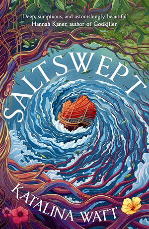 Ocean maelstrom surrounded by rainbow eucalyptus tree, sampaguita flowers, and green leaves. At the heart of the maelstrom is a wooden ship with red Asian-style sails.