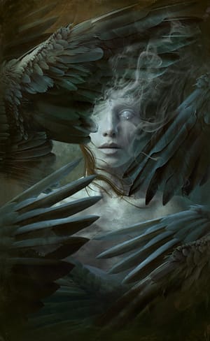 We, The Missing Girl with blonde hair fading away surround by dark angel wings.