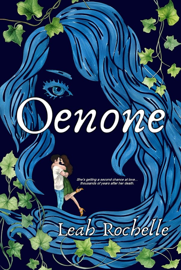 A dark blue book cover with green ivy framing. A woman’s eye, painted blue, dominates the space along with her hair made up of blue waves. Framed within the waves of her hair is a heteronormative couple in an embrace, the man lifting the woman joyfully. Beside them is the tagline “she’s getting a second chance at love… thousands of years after her death.”