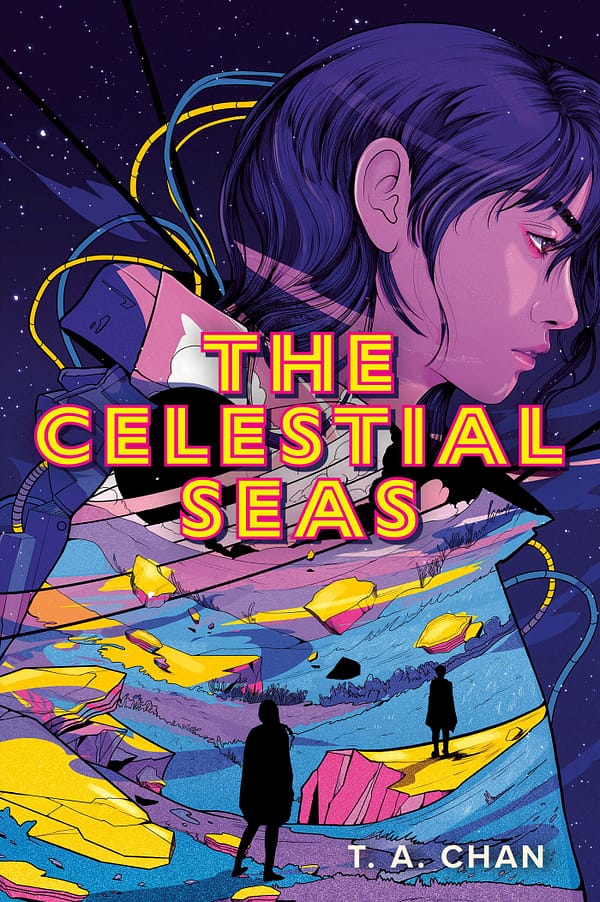 An illustration featuring the large side profile of a young woman with the silhouette of two two figures below standing in an otherworldly landscape with floating rocks. Planets with rings, a starry backdrop, and futuristic clothing add a touch of sci-fi to the image.