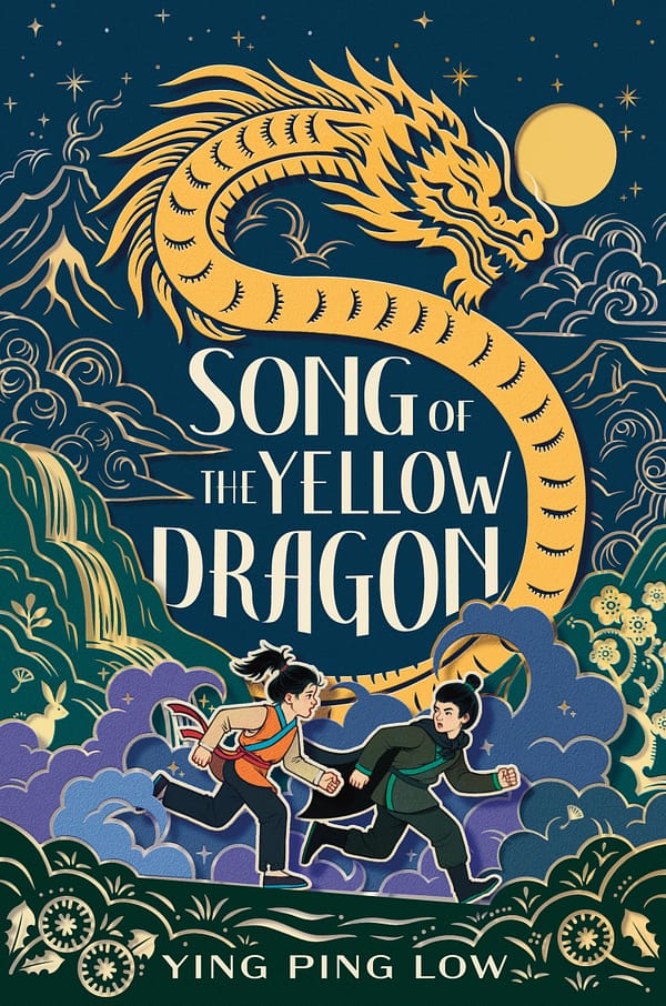 A boy and a girl run in a cloud of purple mist, with a yellow dragon looming overhead, against a setting of misty mountains, rivers, dandelions, and a full moon.