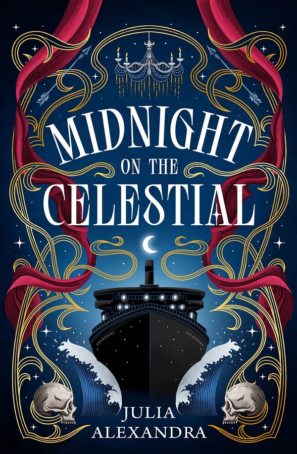 A dark blue, starry cover for MIDNIGHT ON THE CELESTIAL by Julia Alexandra. A black cruise ship surrounded by skulls, gold filigree, and red aerial silks.