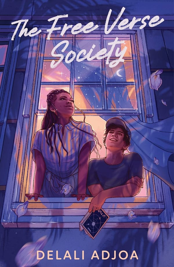 A girl and boy lean outside a window at a night sky, wisteria flowers carried by wind.