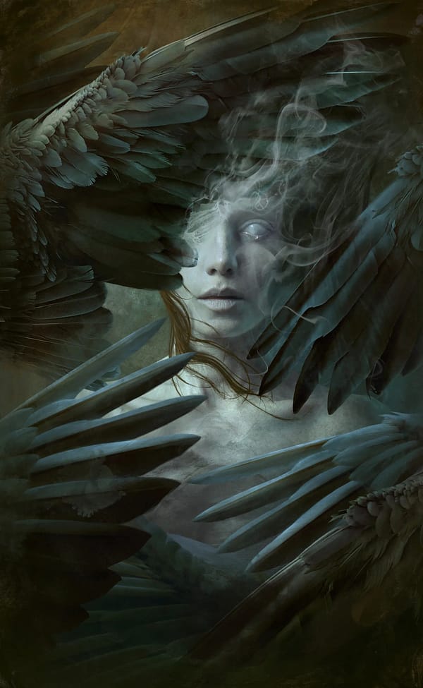 Girl with blonde hair fading away surround by dark angel wings.