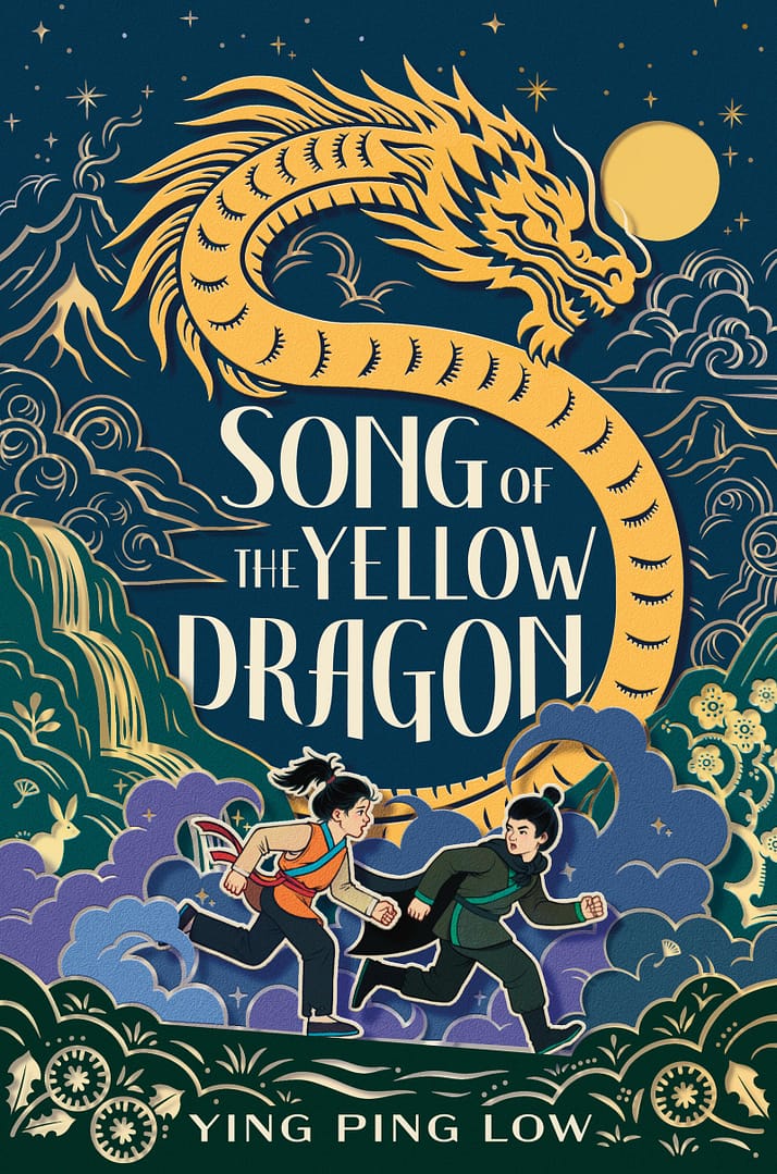 A boy and a girl run in a cloud of purple mist, with a yellow dragon looming overhead, against a setting of misty mountains, rivers, dandelions, and a full moon.